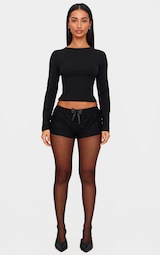 Petite Black Bow Printed Mesh Mini Hot Pants