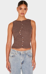 Chocolate Brushed Rib Abstract Button Down Detail Long Top