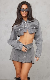 Petite Grey Wash Distressed Super Cropped Denim Jacket