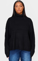 Plus Black Ribbed Knit High Neck Jumper