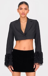 Black Faux Fur Cuff Detail Cropped Blazer