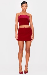 Burgundy Velvet Satin Trim A Line Mini Skirt