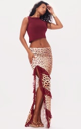 Burgundy Leopard Print Lined Mesh Thigh Split Lace Trim Maxi Skirt