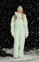 PRETTYLITTLETHING SKI Mint Chevron Quilted Belted Snow Suit