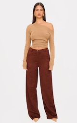 Chocolate Faux Suede Tailored Straight Leg Trousers