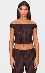  Chocolate Textured Off The Shoulder Button Long Top