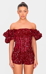 Burgundy Velvet Sequin Puff Sleeve Playsuit