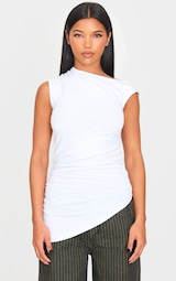 White Asymmetric Shoulder Ruched Longline Top