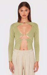 Sage Green Knit Gold Trim Cut Out Long Sleeve Top