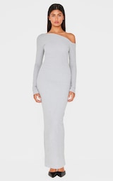 Grey Ribbed Bardot Long Sleeve Maxi Dress