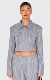 Grey Premium Pinstripe Pocket Detail Cropped Shirt