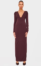 Chocolate Matte Sculpt Plunge Neck Long Sleeve Maxi Dress