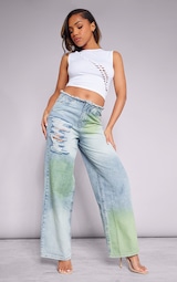 Green Tint Vintage Wash Distressed Seam Detail Wide Leg Jeans