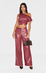 Burgundy Faux Leather Wide Leg Low Rise Trousers