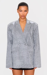 Silver Glitter Oversized Curved Hem Boxy Blazer