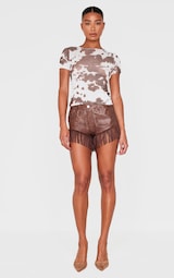 Chocolate Cracked Faux Leather Fringe Hem Hot Pants