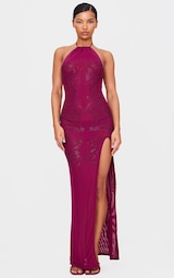 Wine Lined Mesh Diamante Detail Split Maxi Dress