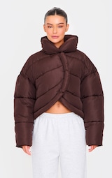 Chocolate Brown Quilted Asymmetric High Neck Puffer Jacket