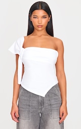 White Cotton Knot Detail Asymmetric Shoulder Long Top