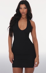 Black Ribbed Halterneck Tie Back Bodycon Dress