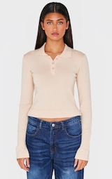 Oatmeal Soft Knit Button Up Polo Top