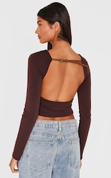 Chocolate Contour Jersey Buckle Detail Backless Long Sleeve Top