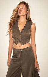 Grey Woven Belted Detail Suit Waistcoat Top