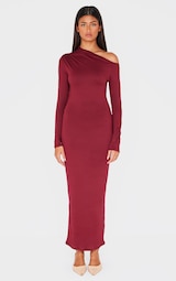 Burgundy Double Contour Asymmetric Long Sleeve Maxi Dress