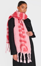 PRETTYLITTLETHING Pink Reversable Logo Blanket Tassel Scarf