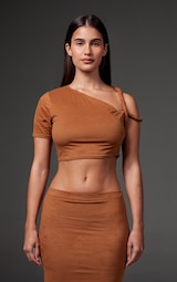 Taupe Faux Suede Twist Strap Detail Crop Top