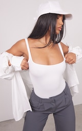 White Contour Rib Square Neck Sleeveless Bodysuit