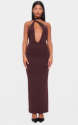 Chocolate Double Layer Slinky Wrap Neck Maxi Dress