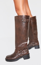 Brown Pu Wide Fit Square Toe Double Buckle Block Heel Knee High Boots