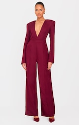 Burgundy Woven Plunge Long Sleeve Straight Leg Jumpsuit