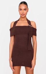 Chocolate Knitted Fold Over Buckle Detail Mini Dress