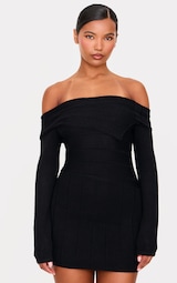 Black Asymmetric Knit Fold Over Mini Dress