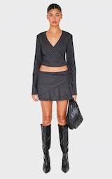 Charcoal Brushed Woven Tailored Tie Pleated Micro Mini Skirt