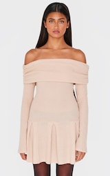 Stone Waffle Textured Bardot Pleated Shift Dress