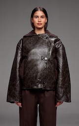 Chocolate Distressed Faux Leather Borg Contrast Aviator Jacket