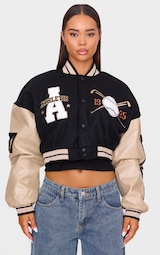 Oatmeal Wool Look Slogan Front Cropped Bomber Jacket