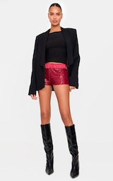 Burgundy Waistband Detail Sequin Mini Shorts