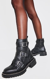 Black Pu Round Toe Buckle Diamante Trim Chunky Ankle Boots