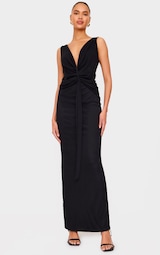 Black Mesh Overlay Draped Knot Detail Maxi Dress