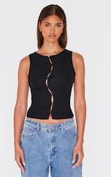 Black Brushed Rib Abstract Button Down Detail Long Top