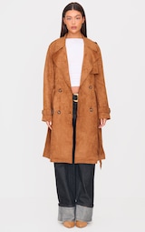 Camel Mid Length Faux Suede Trench Coat