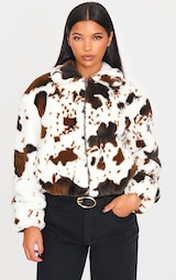 White Faux Fur Cow Print Zip Jacket