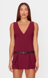 Burgundy Stretch Woven Pleated Belted Skort Playsuit