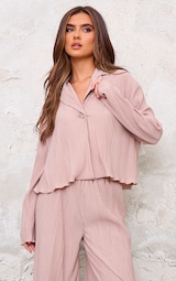 Taupe Textured Pleated  Button Front Shirt