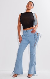 Shape Light Blue Stretch Denim Lace Up Flare Jeans