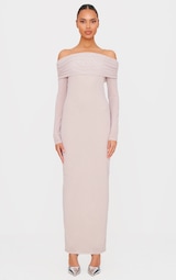 Nude Diamante Bardot Long Sleeve Maxi Dress